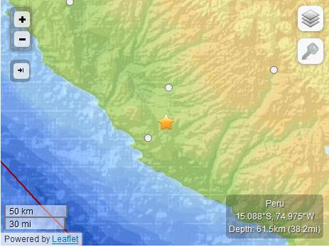 秘鲁西南部发生5.2级地震 震源深度61.5公里